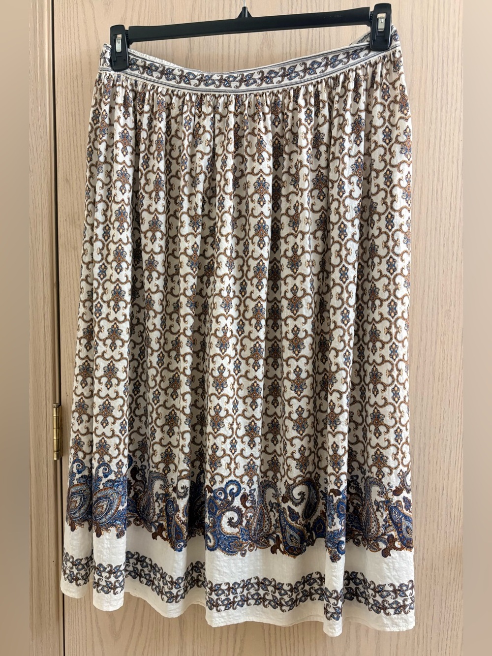 Max Studio Cream Skirt with Blue and Gold Scroll Border